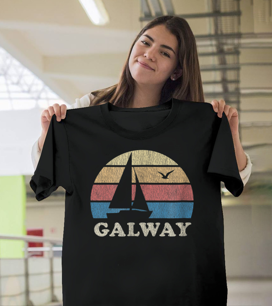 Galway Vintage Sailboat 70s Sunset With Seagull T-Shirt