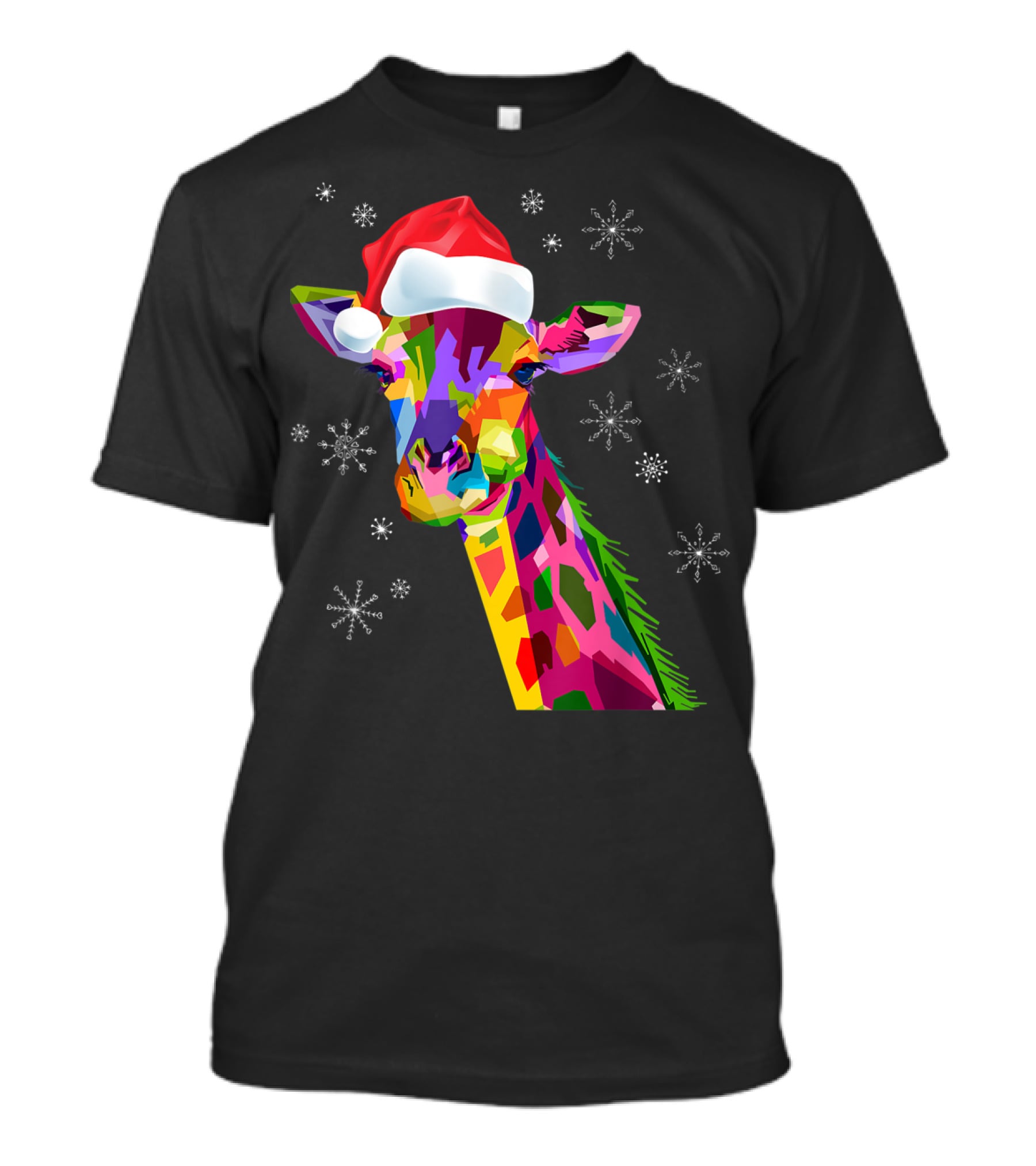 Giraffe Christmas Santa Hat Colorful Snowflakes T-Shirt