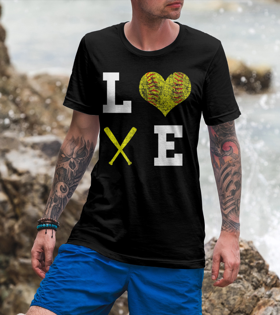 LOVE Softball Heart Bat Stitch Girls Softballism T-Shirt