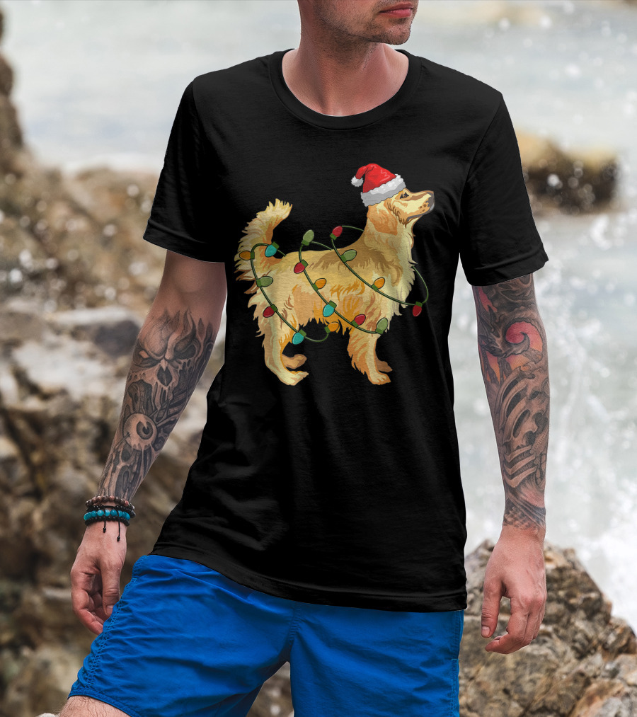 Golden Retriever With Christmas Lights And Santa Hat T-Shirt