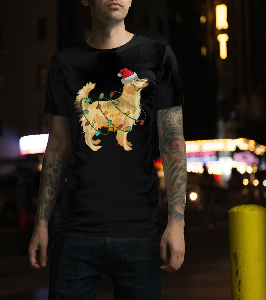 Golden Retriever With Christmas Lights And Santa Hat T-Shirt
