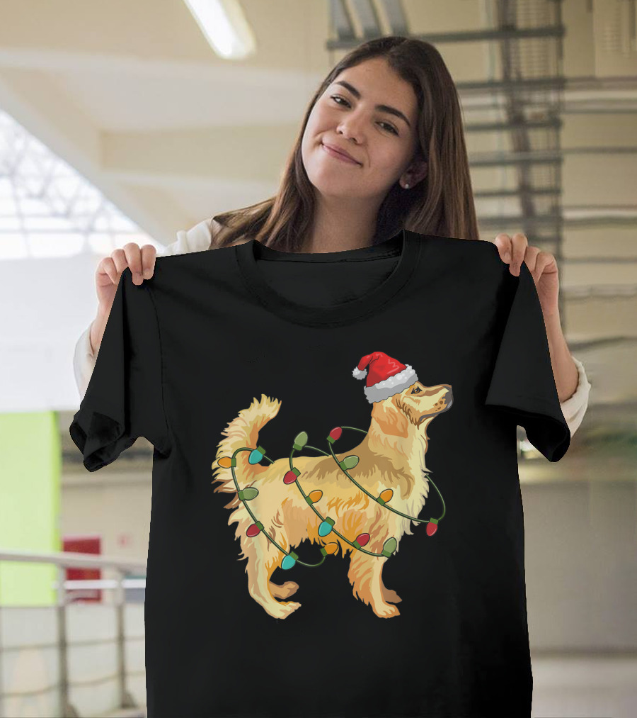 Golden Retriever With Christmas Lights And Santa Hat T-Shirt