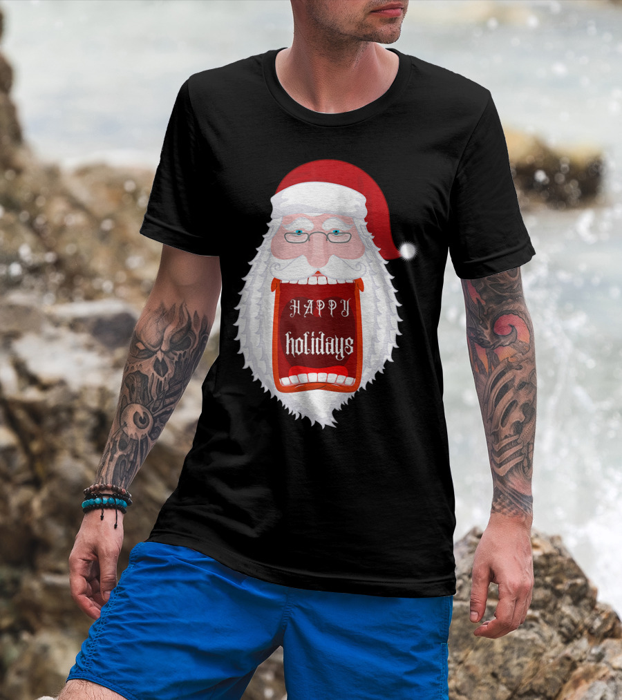 Happy Holidays Santa Zip Screaming Mouth With Glasses T-Shirt