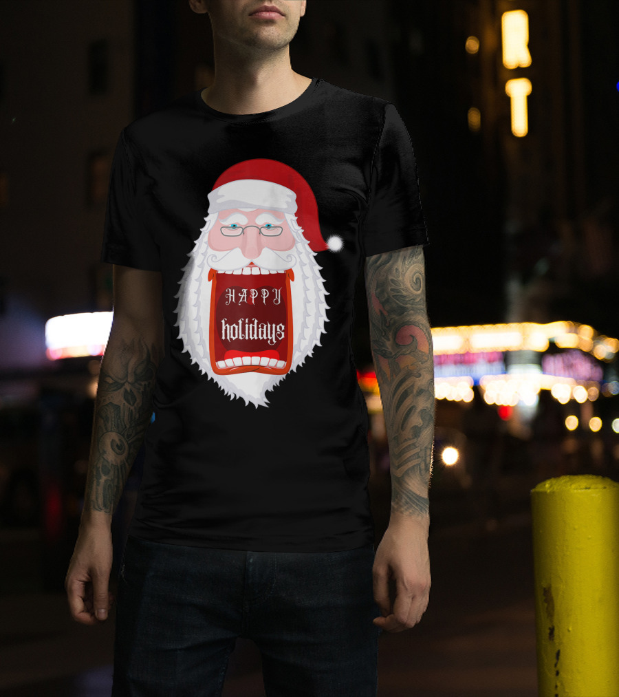 Happy Holidays Santa Zip Screaming Mouth With Glasses T-Shirt