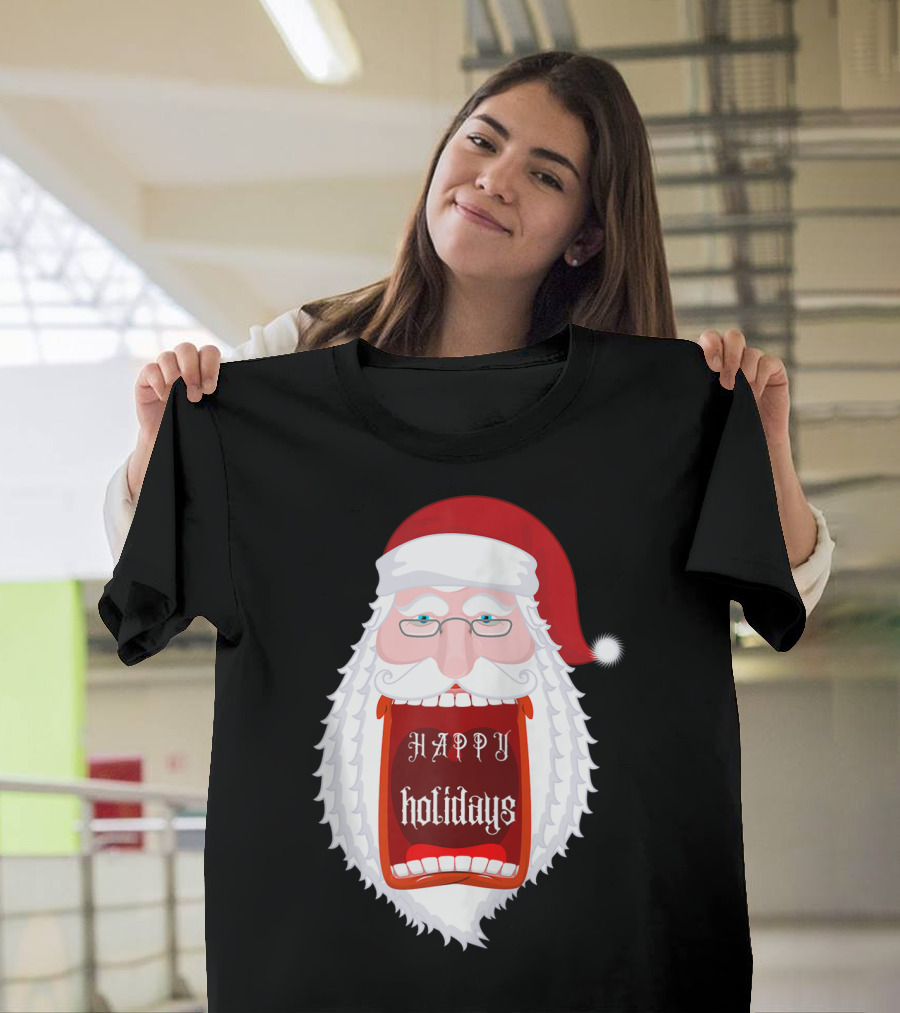 Happy Holidays Santa Zip Screaming Mouth With Glasses T-Shirt