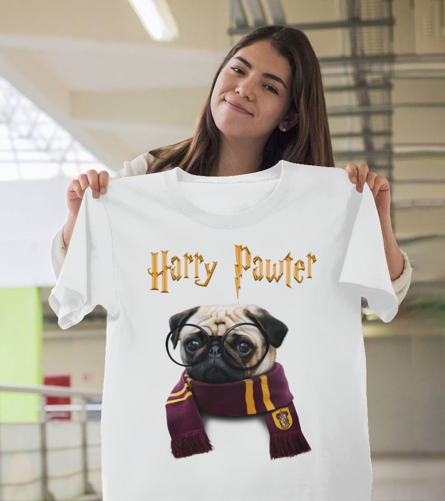 Harry Pawter Cute Puggy Dogs Potte Pups Wizard Pug With Glasses And Scarf T-Shirt