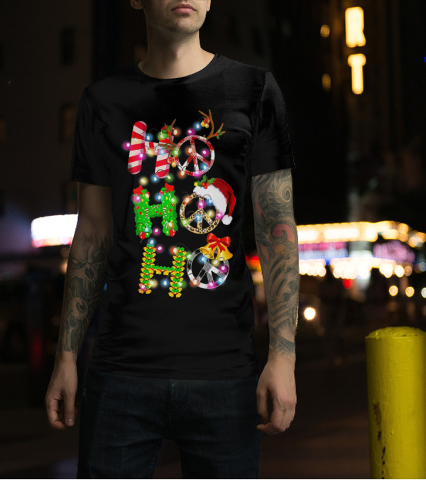 Ho Ho Ho Christmas Light Peace Sign Reindeer Santa Hat T-Shirt