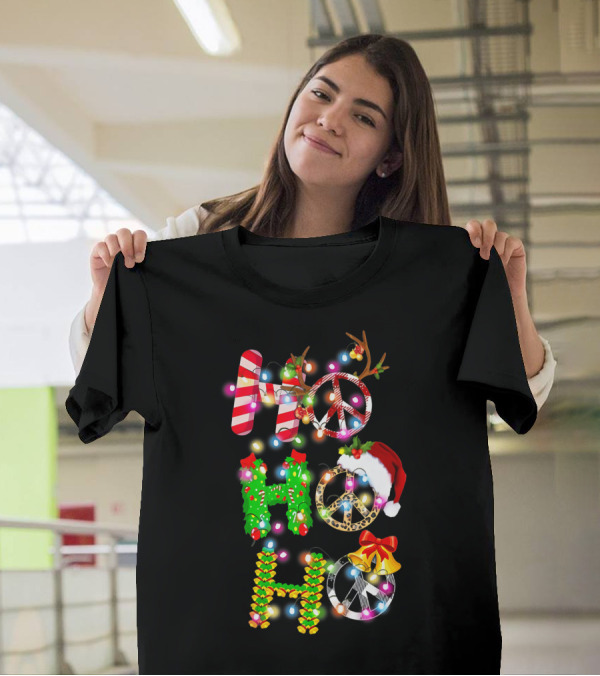 Ho Ho Ho Christmas Light Peace Sign Reindeer Santa Hat T-Shirt