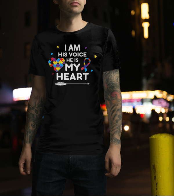 I Am His Voice He Is My Heart Puzzle Piece Ribbon Autism Awareness T-Shirt