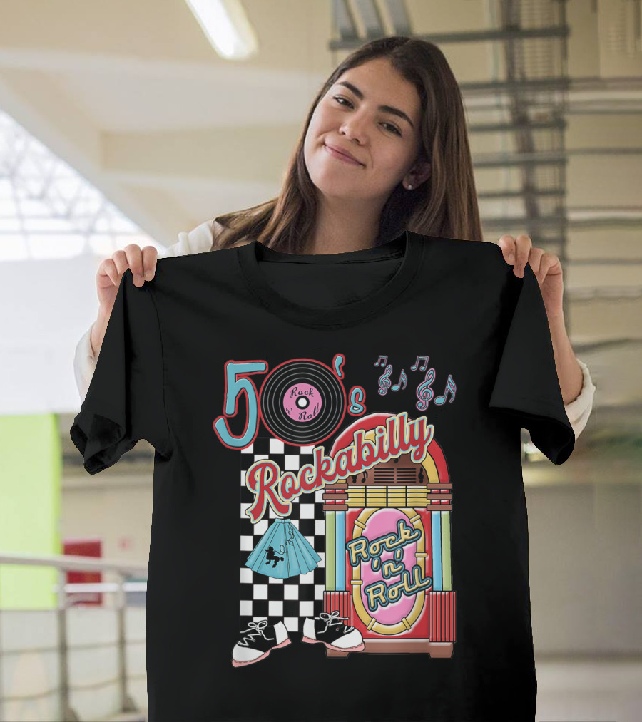 50's Rock N Roll Rockabilly Jukebox And Checkered Dance Floor T-Shirt