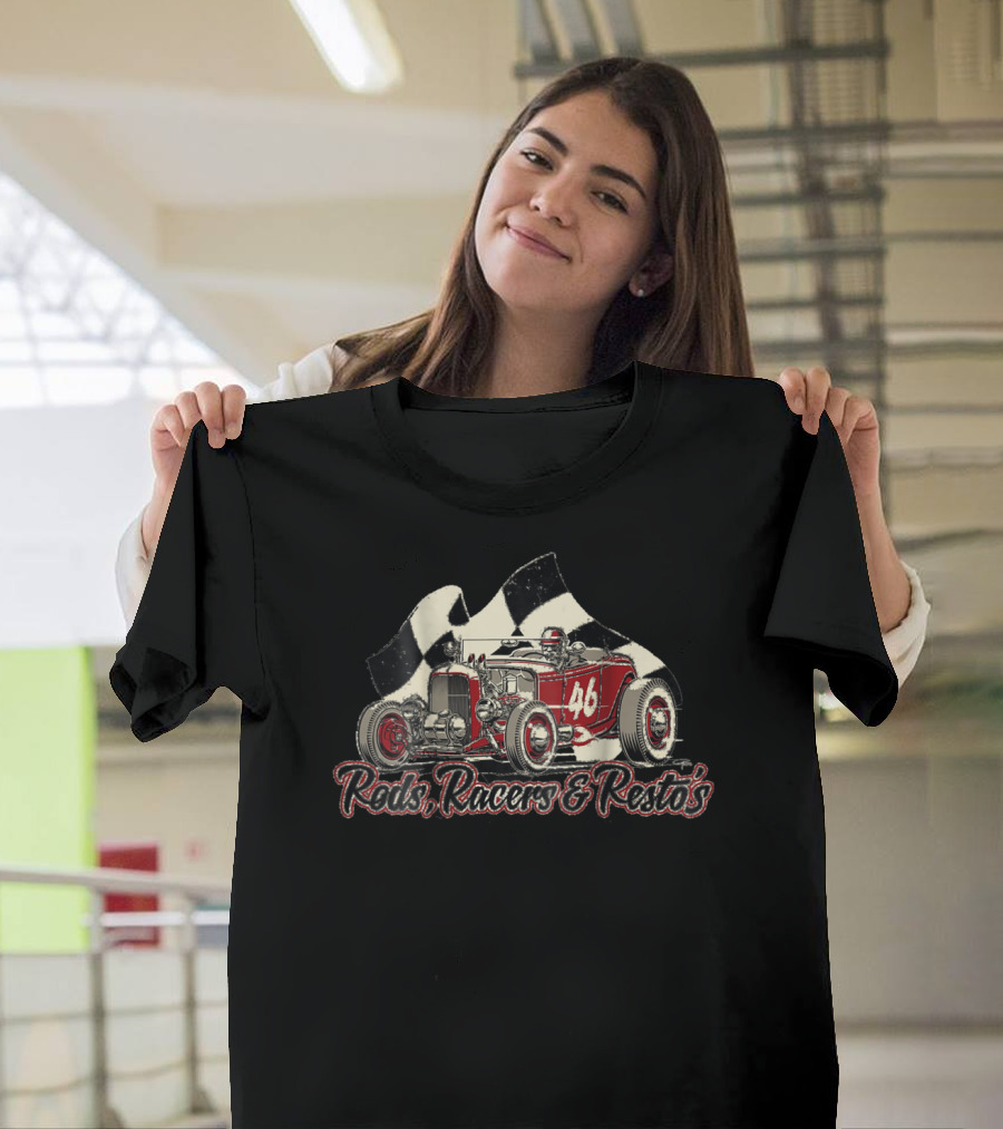 Rods Racers Resto's Vintage Hot Rod 46 Checkered Flag T-Shirt