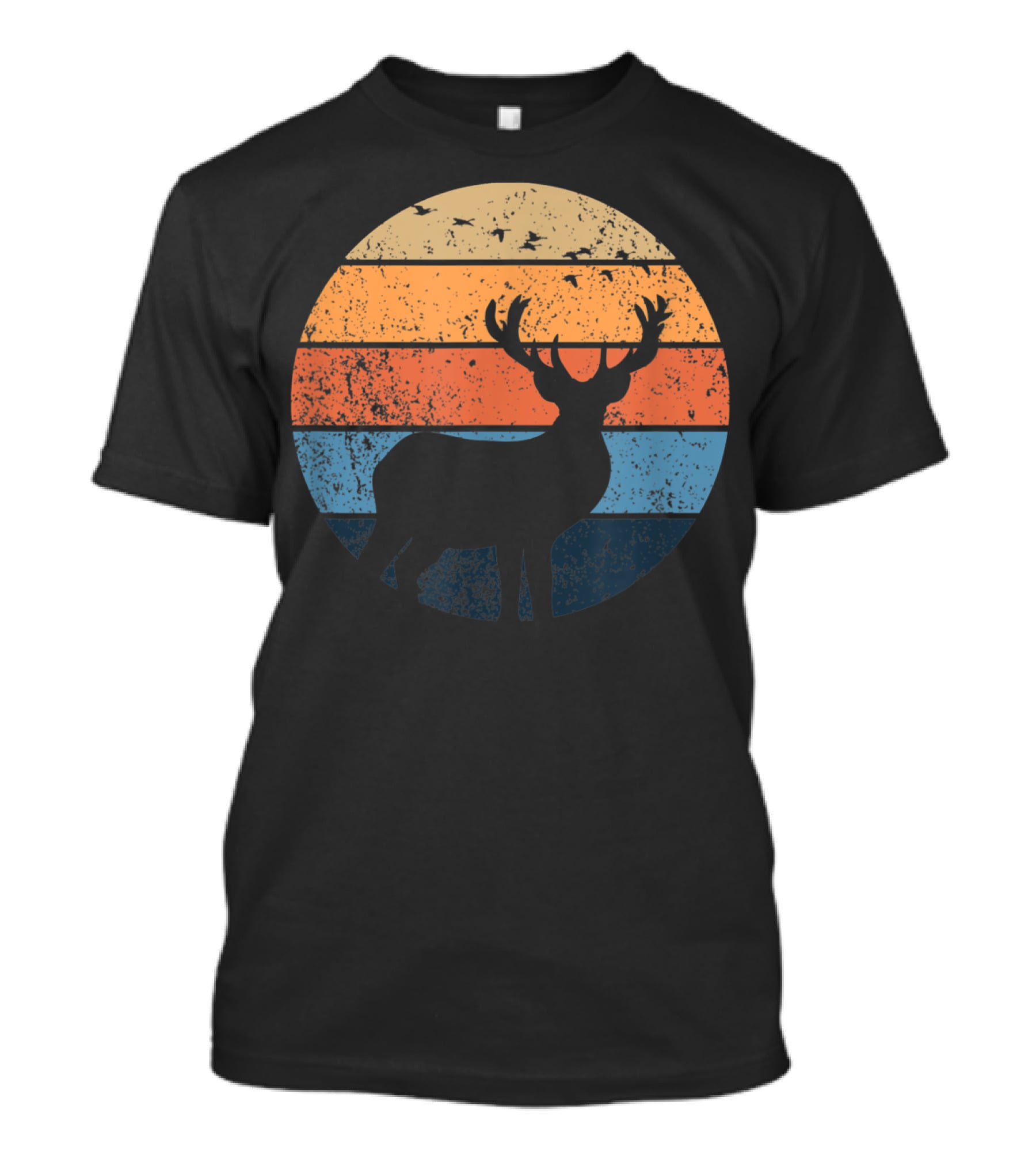 Deer Hunters Vintage Sunset Silhouette With Flying Birds T-Shirt