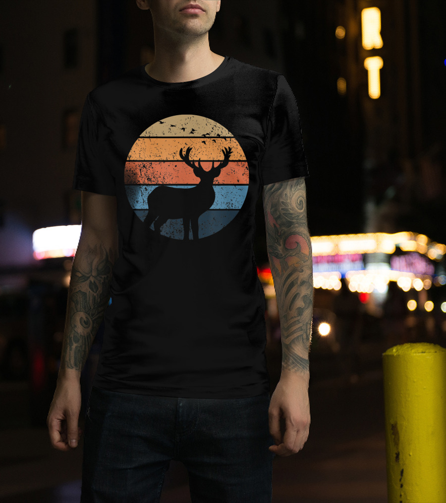 Deer Hunters Vintage Sunset Silhouette With Flying Birds T-Shirt