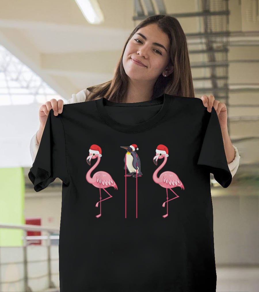 Flamingoes And Penguin With Santa Hats T-Shirt