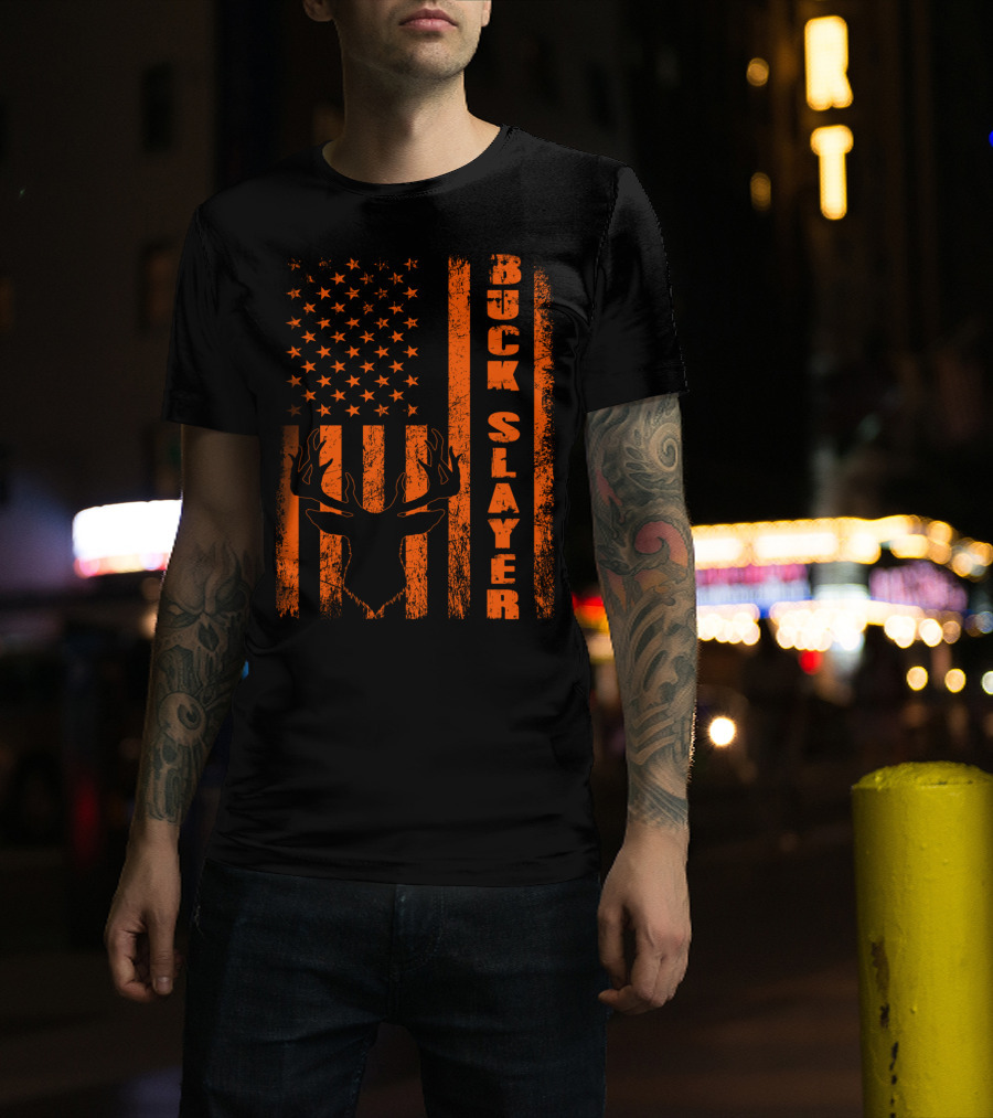 Buck Slayer Blaze Orange Deer American Flag T-Shirt