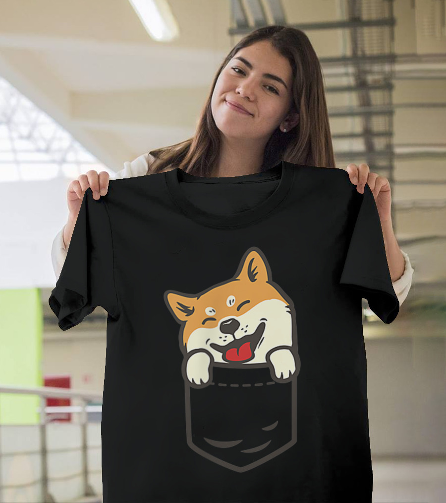 Cute Shiba Inu Akita Dog Face in Pocket T-Shirt
