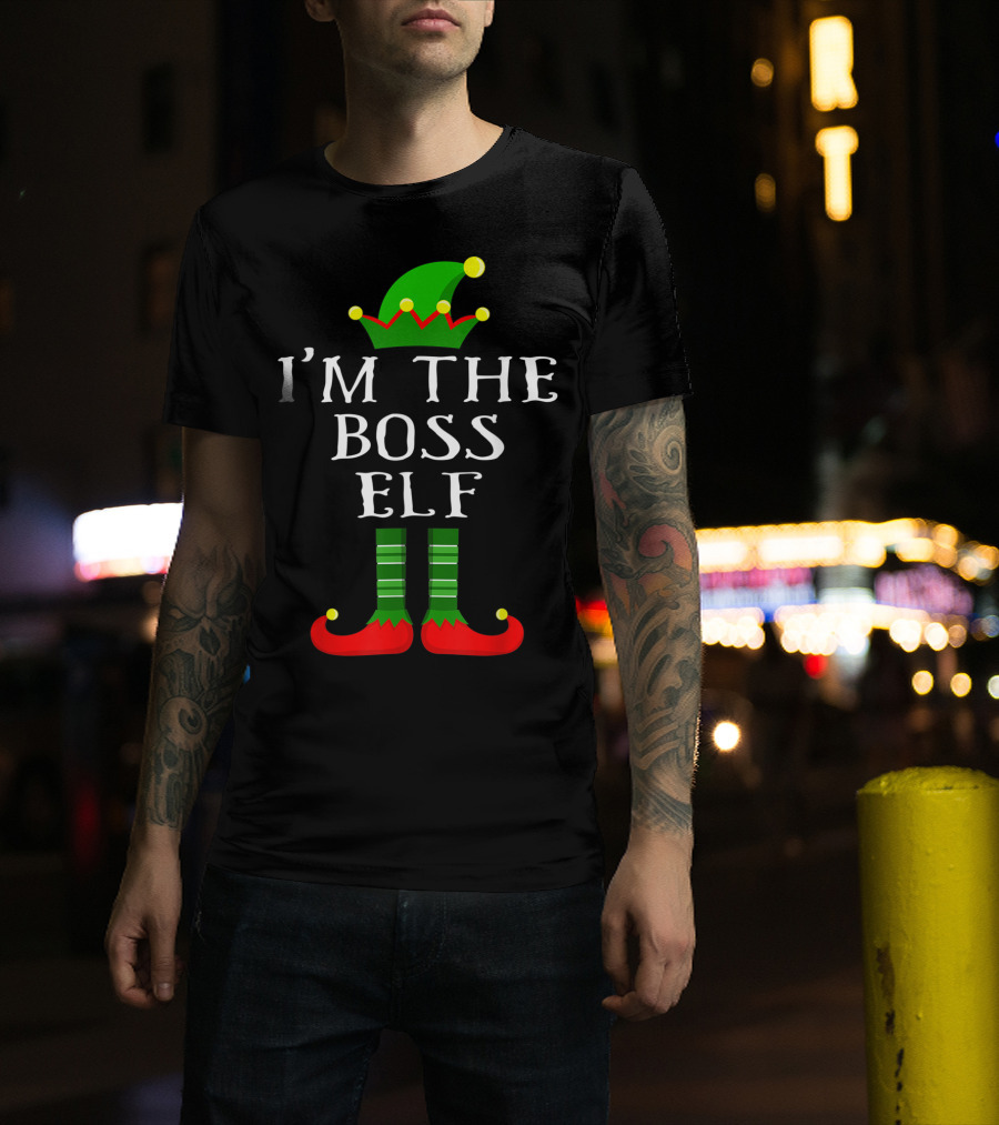 I'm The Boss Elf Christmas Humor Green Hat Striped Socks Red Shoes T-Shirt