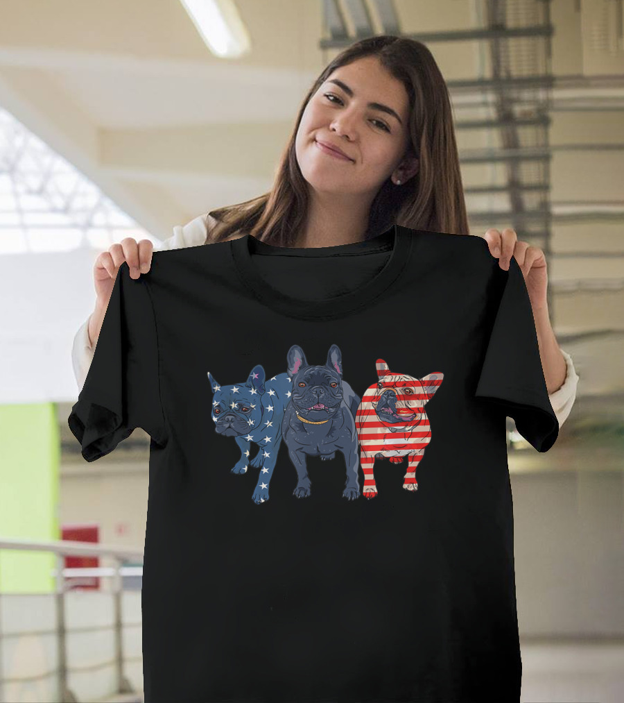 3 Frenchie Bulldog American Flag Stars Stripes July Patriot T-Shirt
