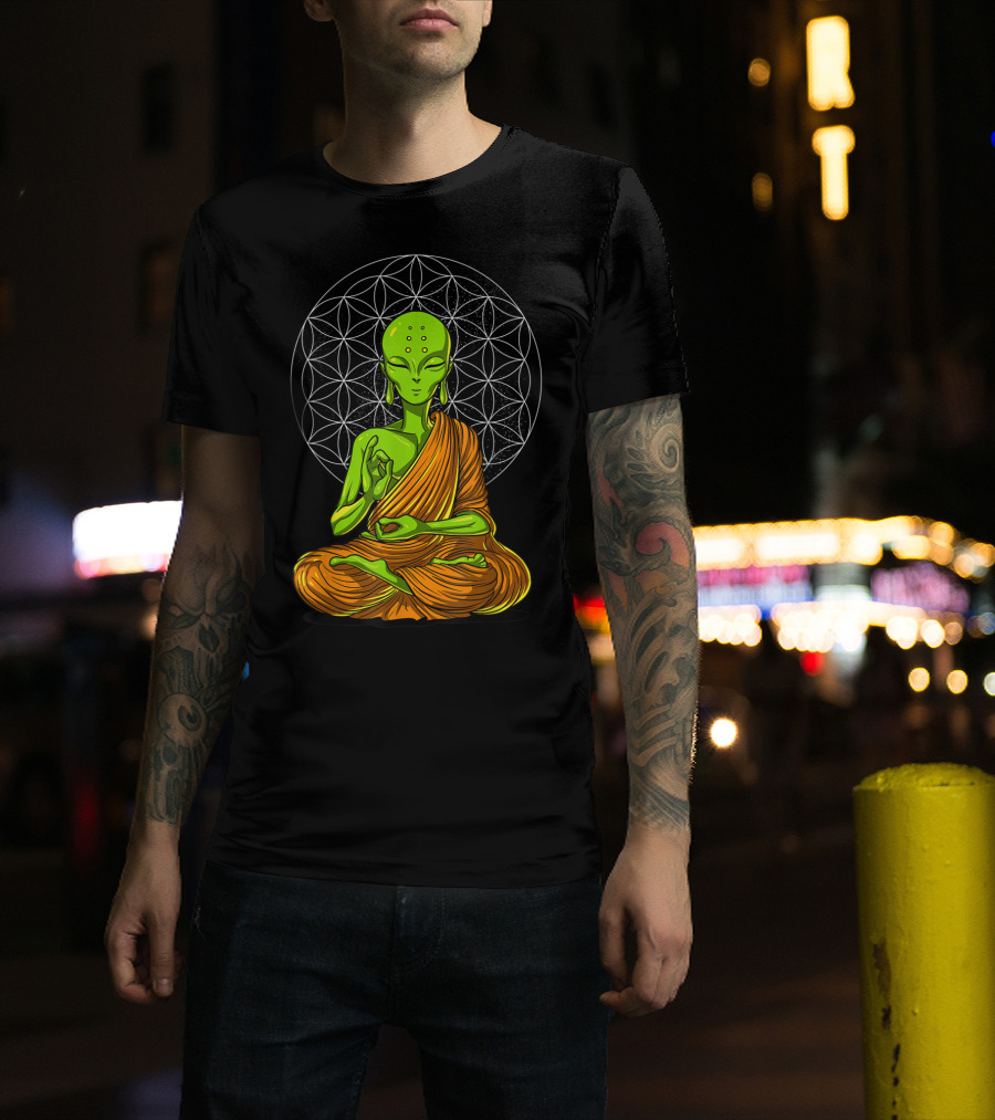 Alien Yoga Meditation Zen Namaste Buddha With Mandala Background T-Shirt