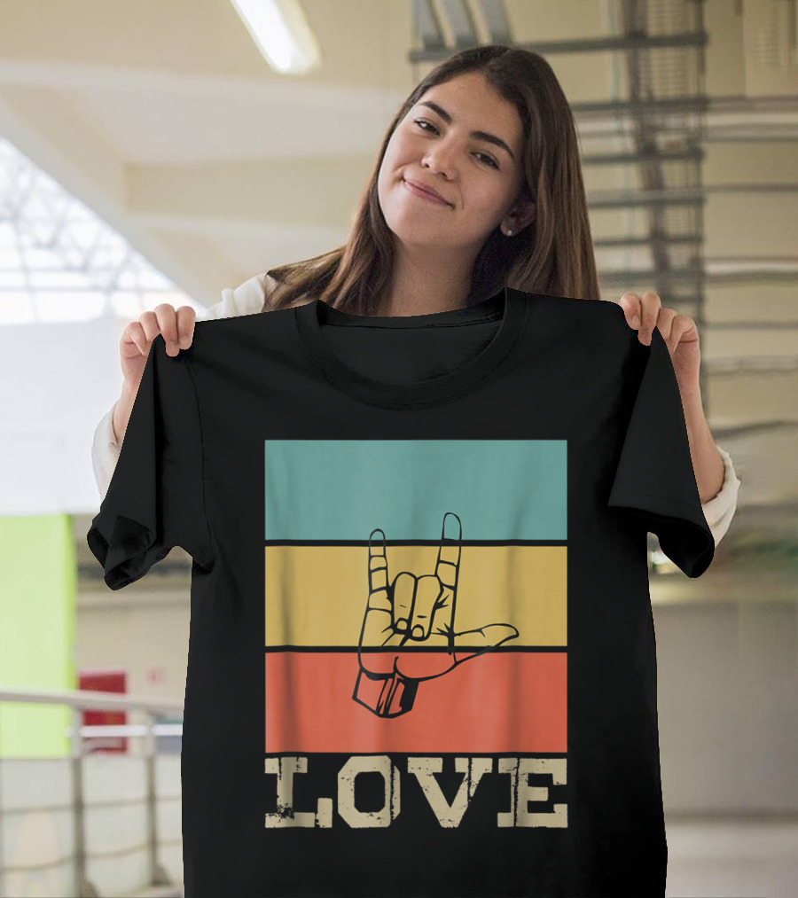 ASL Love Vintage Hand Sign Retro Color Blocks T-Shirt