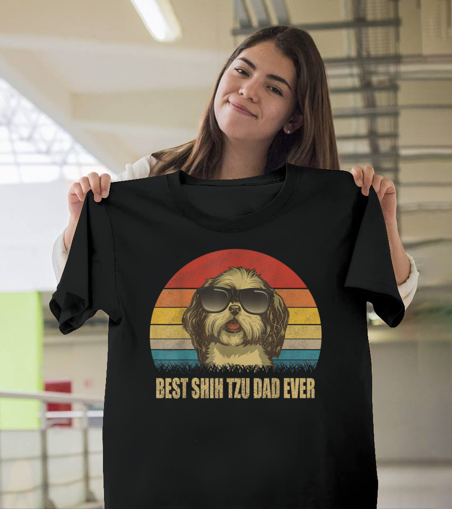Best Shih Tzu Dad Ever Retro Sunset Sunglasses Dog T-Shirt