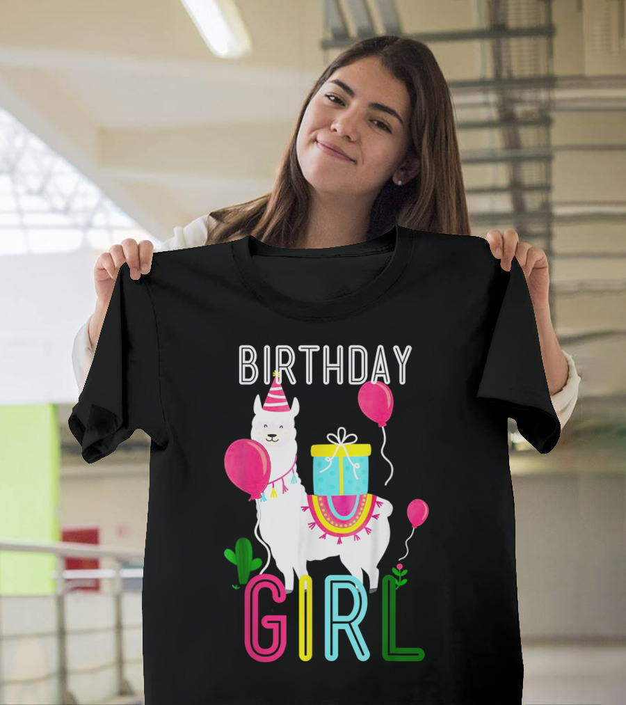 Birthday Girl Llama Cool Cute Alpaca With Balloons And Present T-Shirt
