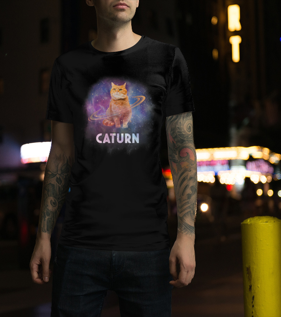 Caturn Cosmic Feline In Galaxy T-Shirt