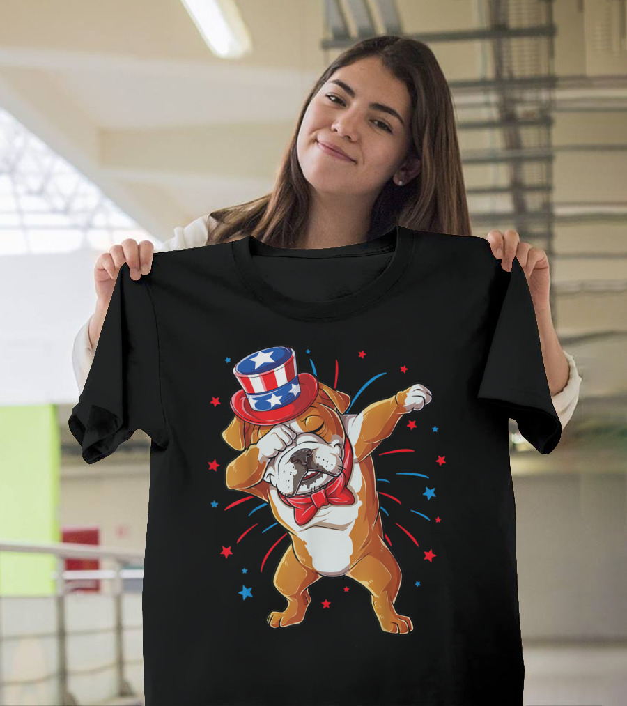 Dabbing English Bulldog 4th of July Uncle Sam Hat Fireworks T-Shirt