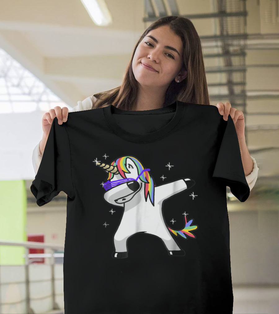 Rainbow Dabbing Unicorn With Sunglasses And Stars T-Shirt