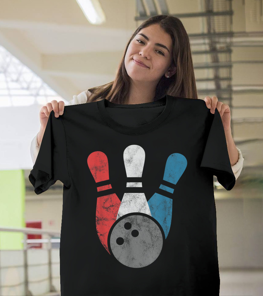 Distressed Red White Blue Bowling Pins with Bowling Ball T-Shirt