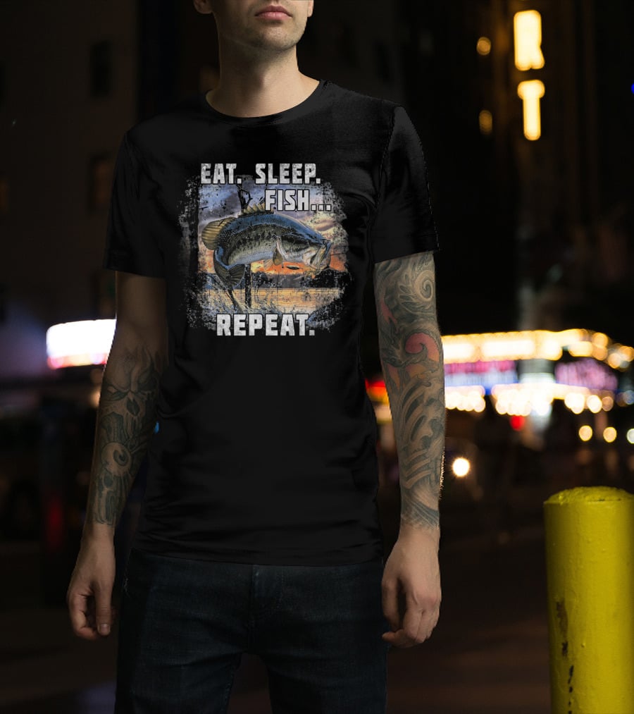 Eat Sleep Fish Repeat Bass Fishing Adventure Lake Sunrise T-Shirt