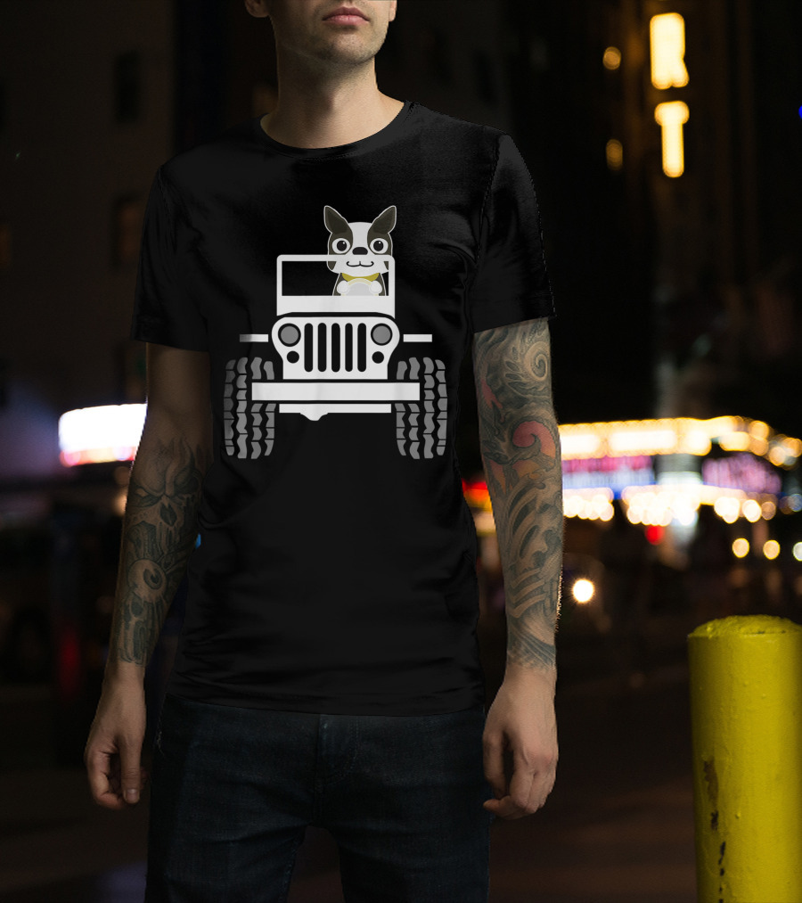 Funny Boston Terrier Dog In Jeep Dad T-Shirt