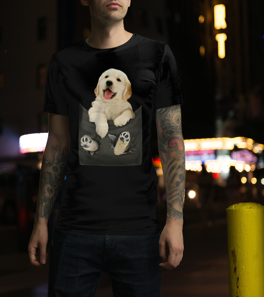 Golden Retriever Puppy Peeking From Pocket T-Shirt