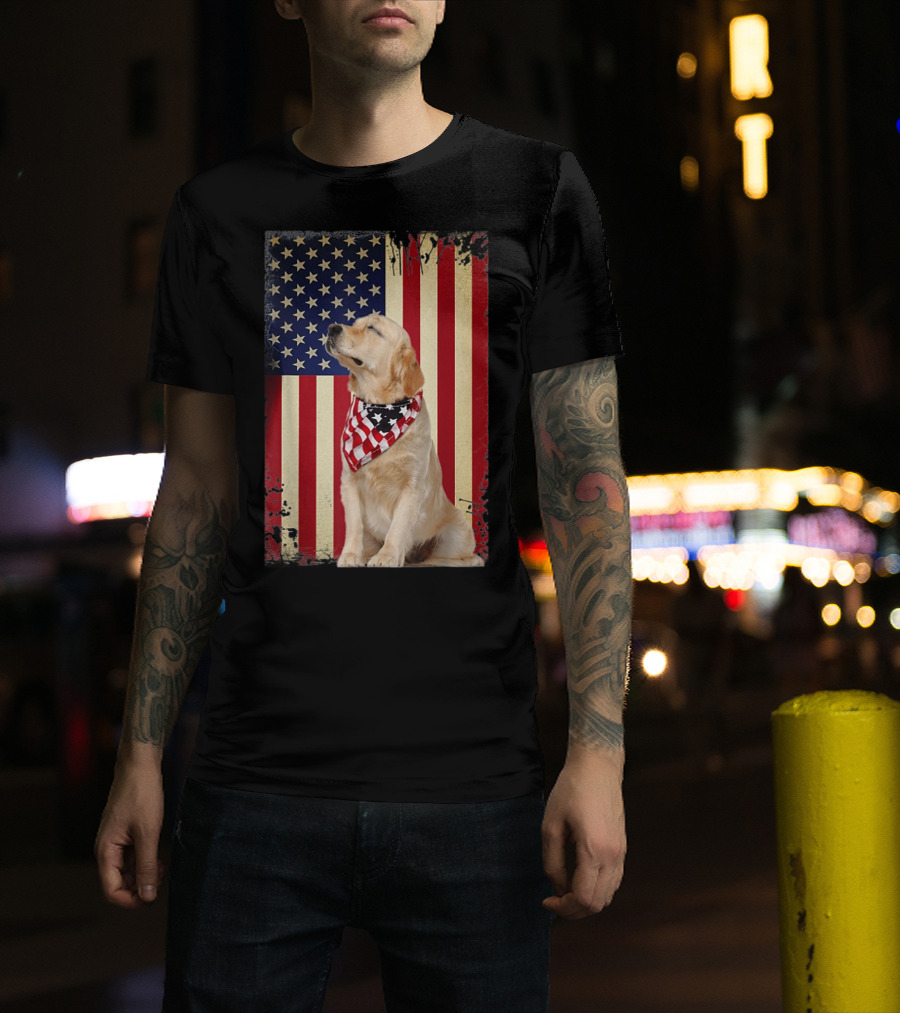 Golden Retriever Smiling American Flag Bandana T-Shirt