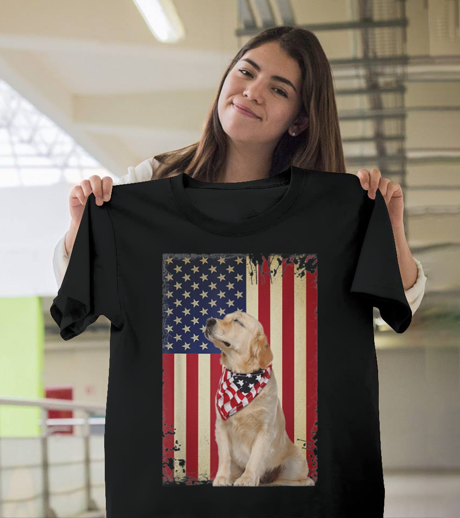 Golden Retriever Smiling American Flag Bandana T-Shirt