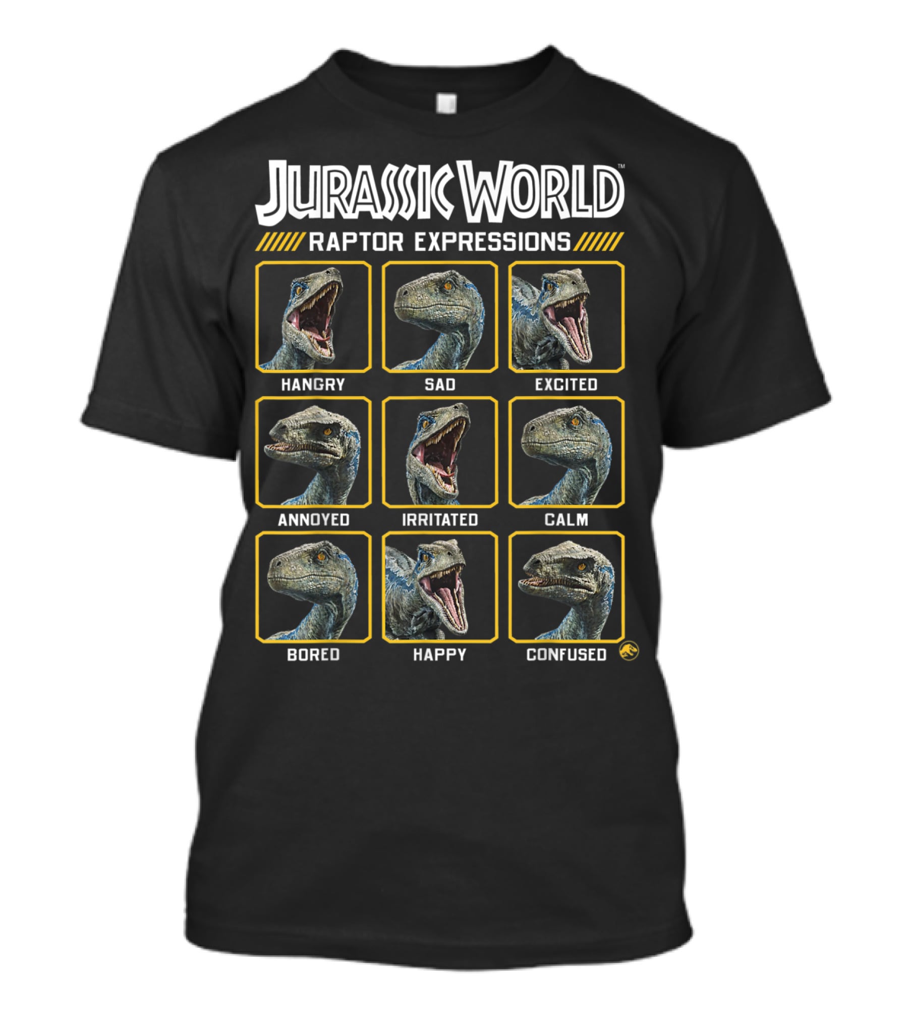 Jurassic World Raptor Expressions Hangry Sad Excited Annoyed Irritated Calm Bored Happy Confused T-Shirt
