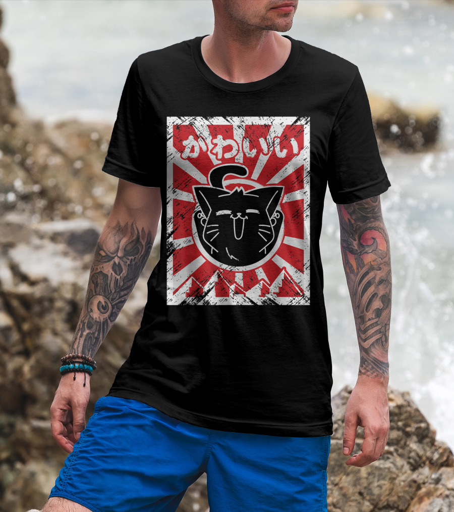 Kawaii Anime Cute Japanese Cat With Red Rising Sun Background T-Shirt