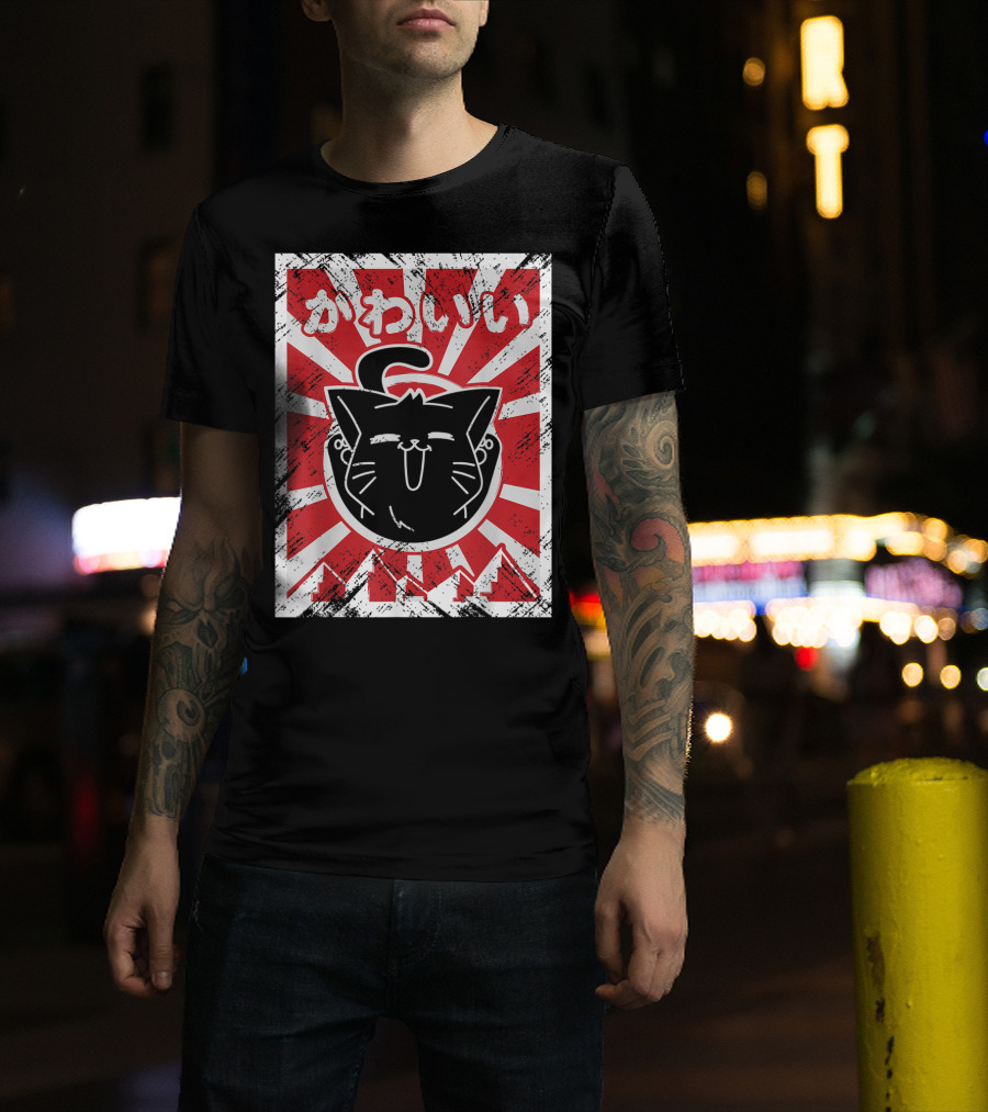 Kawaii Anime Cute Japanese Cat With Red Rising Sun Background T-Shirt