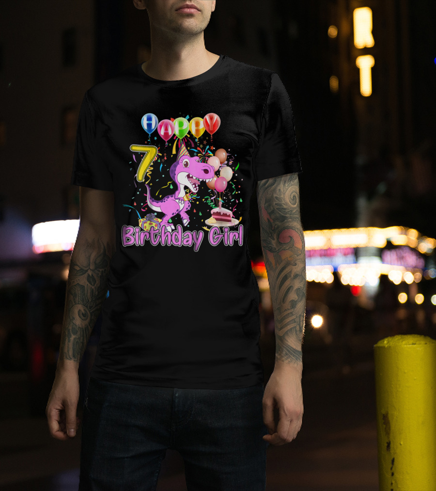 Happy 7 Birthday Girl Dinosaur Party Balloons Cake T-Shirt