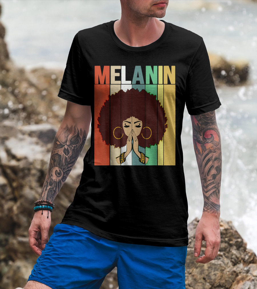 Melanin Vintage Black Afro Woman Prayer Hands Golden Hoop Earrings T-Shirt