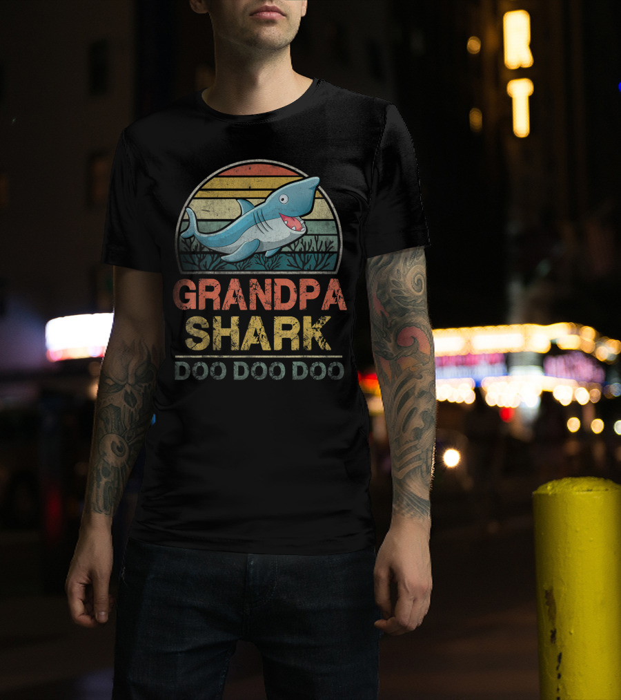 Grandpa Shark Doo Doo Doo Father's Day Retro Sunset Ocean T-Shirt