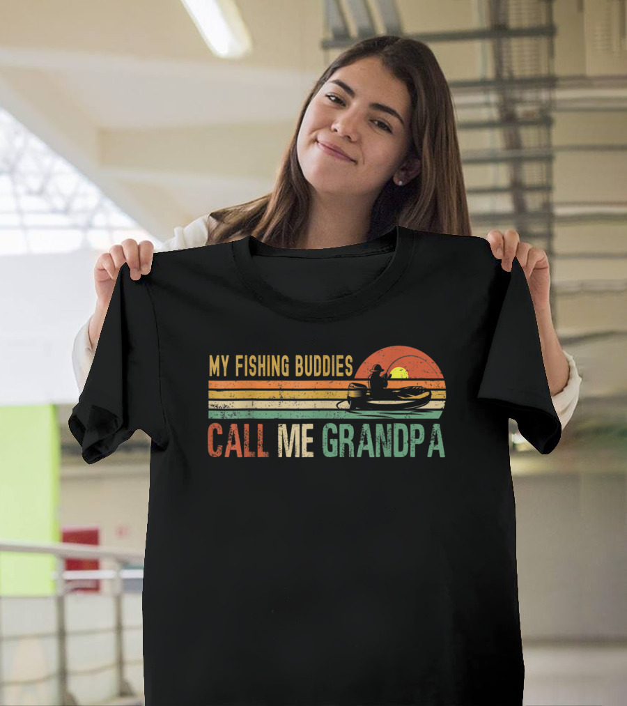 My Fishing Buddies Call Me Grandpa Vintage Sunset Boat Fishing T-Shirt