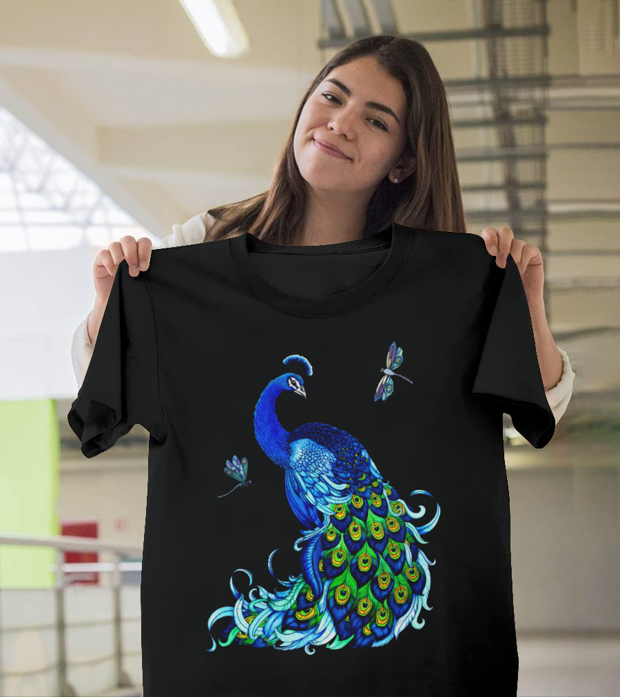 Peacock Elegance With Vibrant Dragonflies T-Shirt