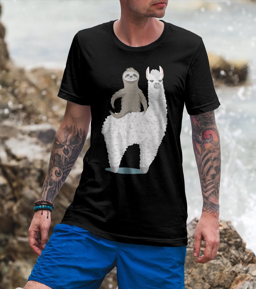 Sloth Joyfully Riding A White Llama T-Shirt