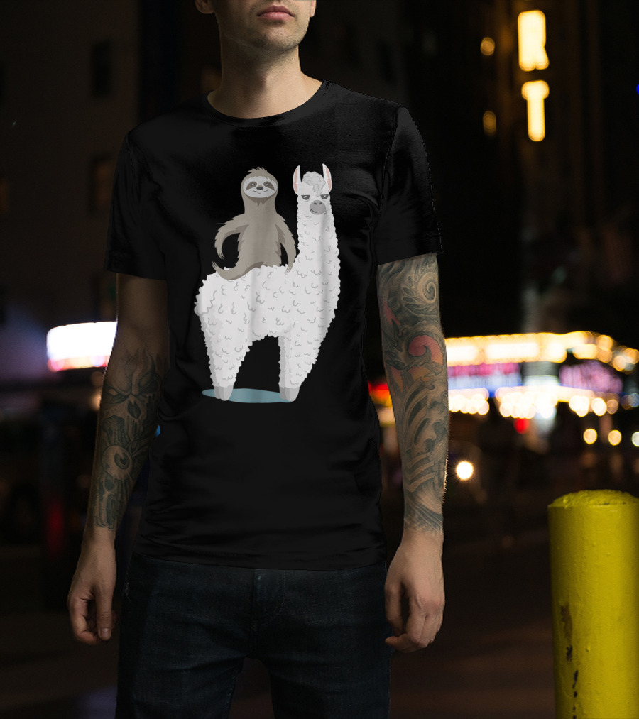 Sloth Joyfully Riding A White Llama T-Shirt