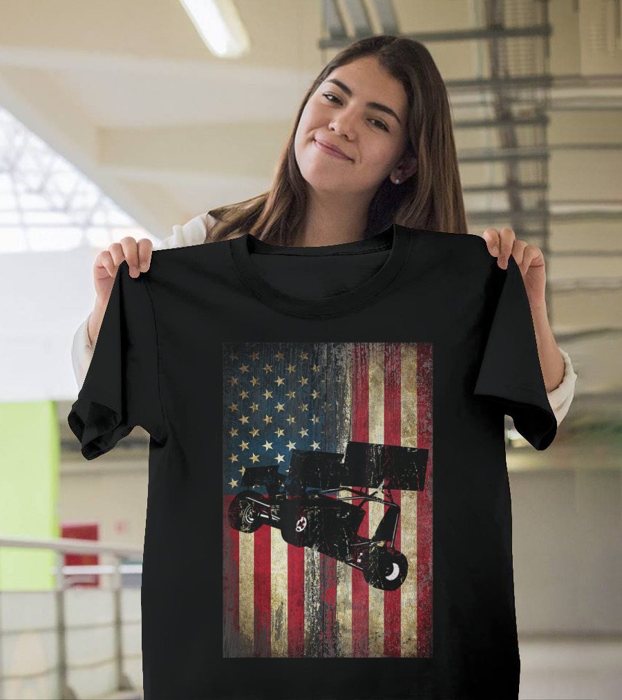 Distressed American Flag with Sprint Car Racing T-Shirt