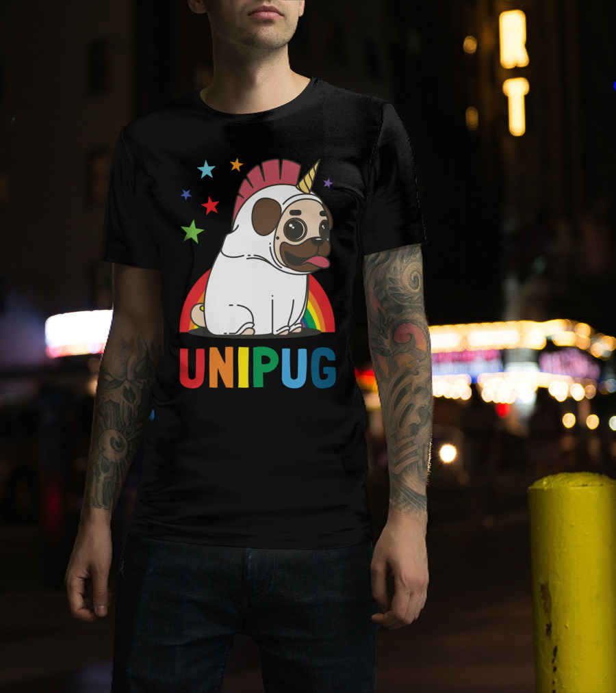 UNIPUG Rainbow Unicorn Pug Dog With Stars T-Shirt