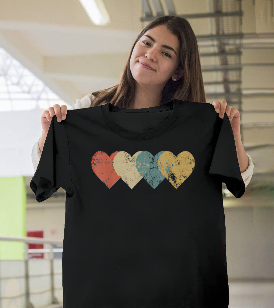 Vintage Hearts Cool Valentines Day Distressed Multicolor T-Shirt