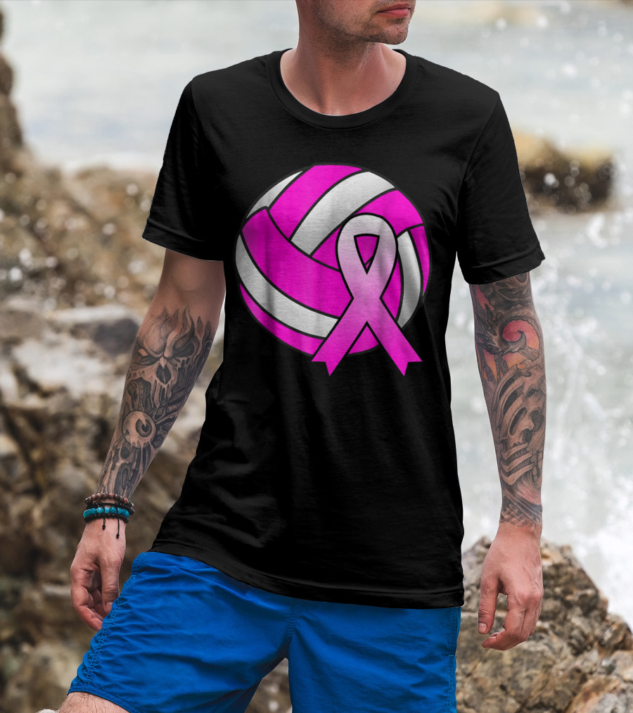 Volleyball Pink Ribbon Breast Cancer Awareness Symbol On Ball T-Shirt