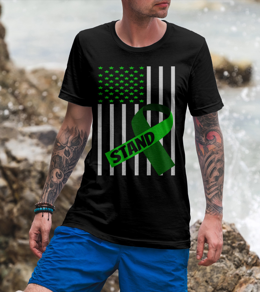 USA Flag Green Ribbon Stand Kidney Disease Awareness T-Shirt